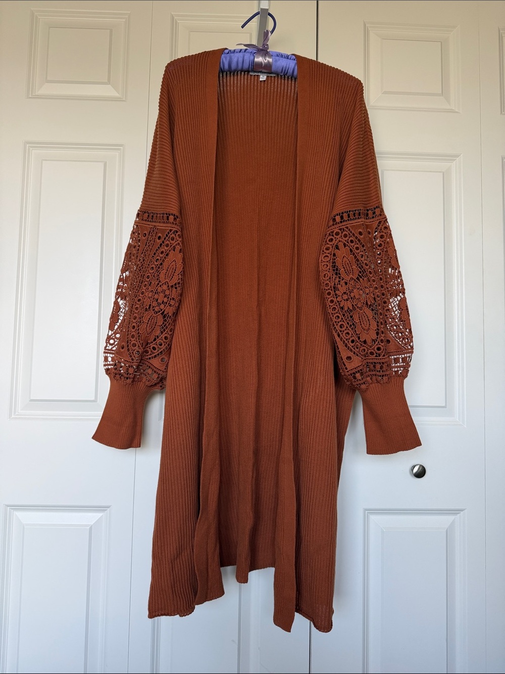 NorthStyle Rust Open-Front Crochet Balloon Sleeve Cardigan
